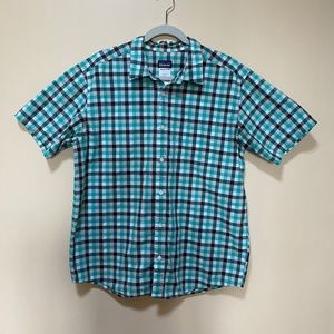 Men's Patagonia Organic Cotton Button Down Shirt Green Checkered Pattern Size L